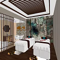 SPA Sauna Interior With Striped Wooden Ceiling Two Massage Beds Artistic Wall Decor