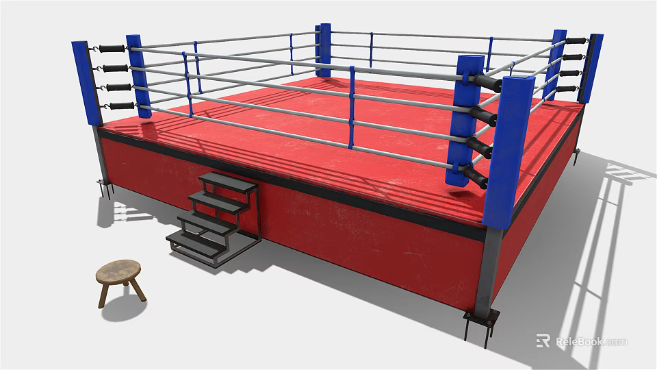 Professional Boxing Ring Design With Red Platform Blue Corner Posts And Ropes 3d model 
