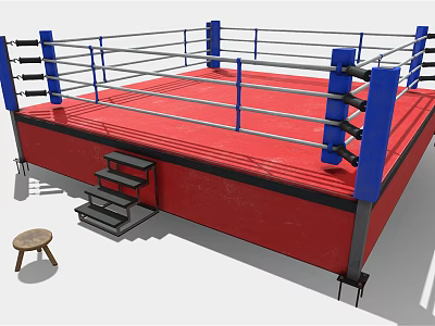Professional Boxing Ring Design With Red Platform Blue Corner Posts And Ropes 3d model
