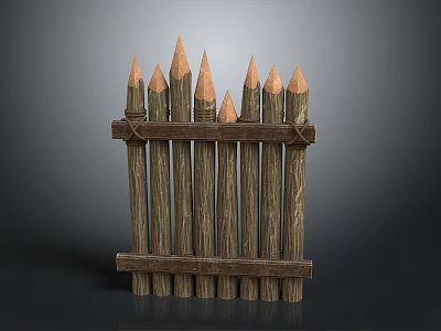 Wooden Pencil Shaped Fence With Pointed Tops Wood Grain Design And Horizontal Rails 3d model
