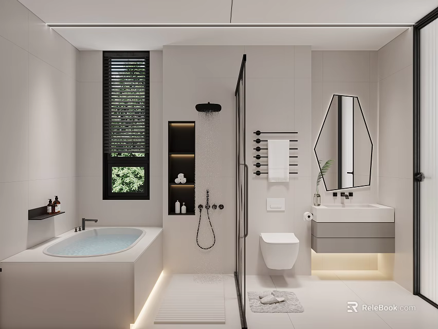 Modern Bathroom Design With Bathtub Shower Toilet Vanity And Mirror 3d model 
