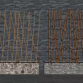 Decorative Bamboo Screens Placed in Stone Planters Against Dark Stone Wall