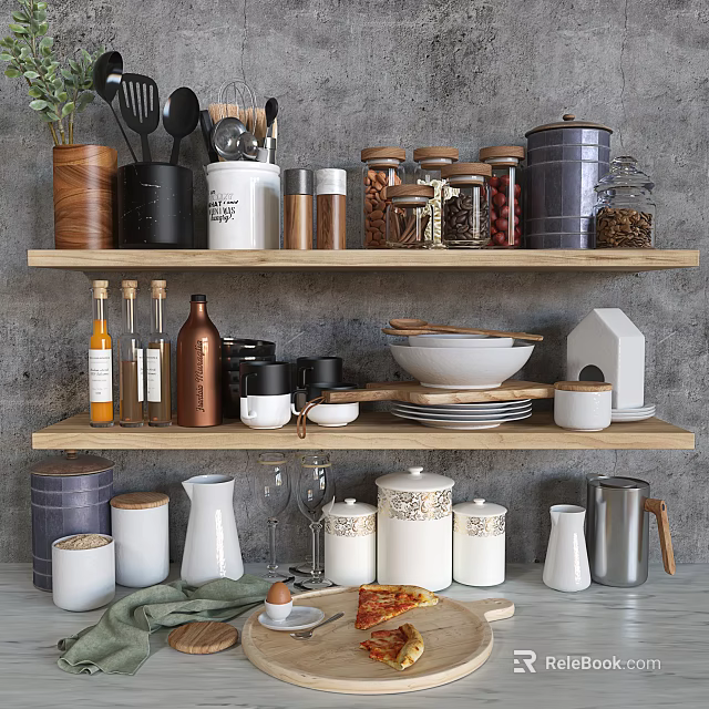 Stylish Kitchen Utensils Bowls Plates Storage Jars and Metal Canisters on Wooden Shelves 3d model 