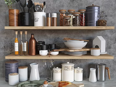 Stylish Kitchen Utensils Bowls Plates Storage Jars and Metal Canisters on Wooden Shelves 3d model