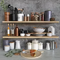 Stylish Kitchen Utensils Bowls Plates Storage Jars and Metal Canisters on Wooden Shelves