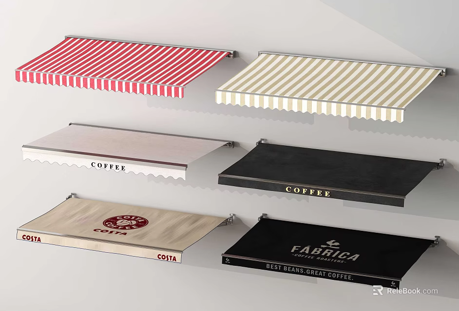 Diverse Awnings with Striped Patterns and Commercial Logos in Red Beige Black 3d model 