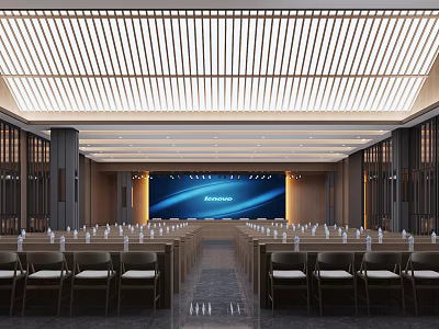 Modern Conference Room Interior With Long Tables Chairs Large Screen And Ceiling Lighting 3d model