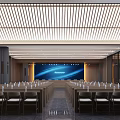 Modern Conference Room Interior With Long Tables Chairs Large Screen And Ceiling Lighting