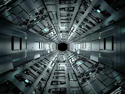 Cartoon Scene of Futuristic Metallic Corridor with Symmetrical Structure and Glowing Lights 3d model