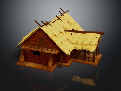Traditional Wooden House With Thatched Roof And Wooden Porch Featuring Small Window 3d model