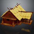 Traditional Wooden House With Thatched Roof And Wooden Porch Featuring Small Window