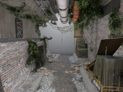 Abandoned Industrial Alley With Brick Walls Exposed Pipes And Climbing Vines 3d model