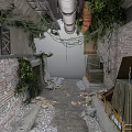 Abandoned Industrial Alley With Brick Walls Exposed Pipes And Climbing Vines