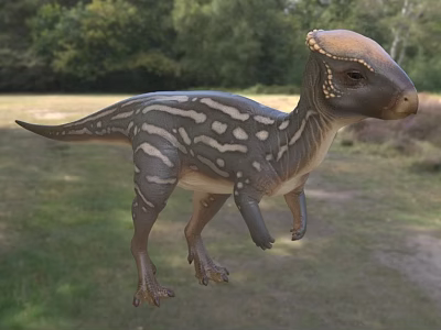 Realistic Reptile Dinosaur Model with Striped Body and Crested Head in Grassland with Trees Background 3d model