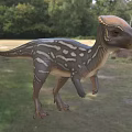 Realistic Reptile Dinosaur Model with Striped Body and Crested Head in Grassland with Trees Background