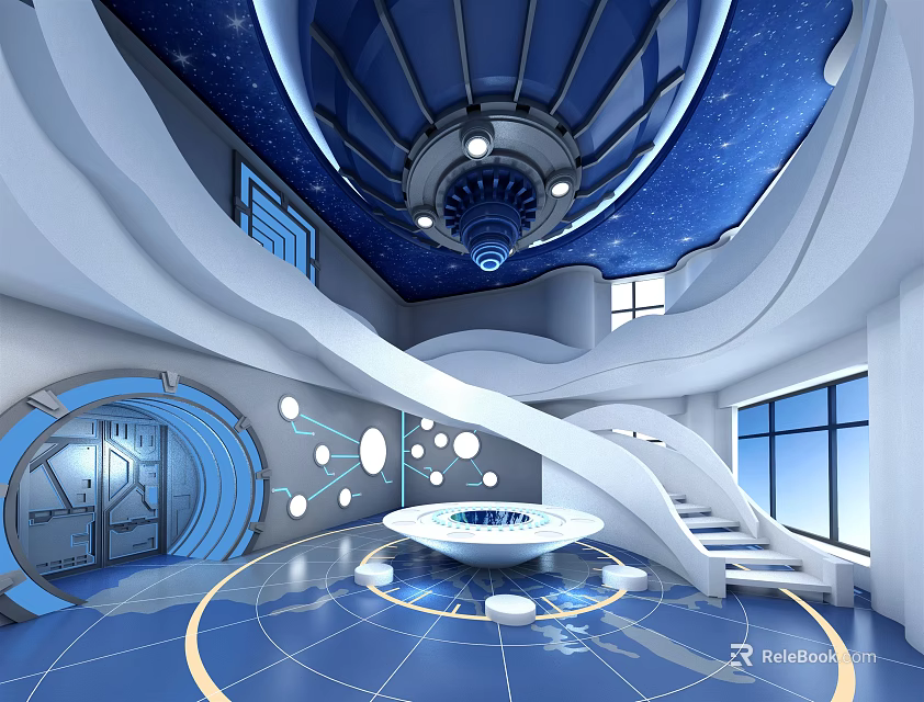Futuristic Blue Themed Interior With Circular Central Structure Spiral Staircase Starry Ceiling And Large Windows 3d model 