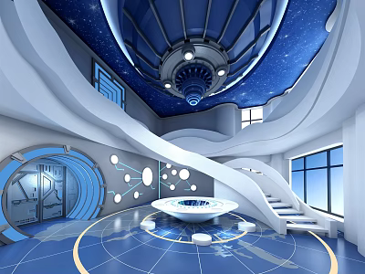Futuristic Blue Themed Interior With Circular Central Structure Spiral Staircase Starry Ceiling And Large Windows 3d model