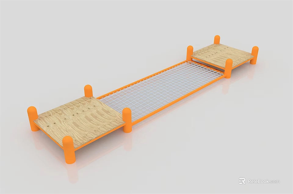 Playground Equipment With Wooden Platforms Metal Mesh Bridge And Orange Pillars 3d model 