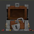 Open Wooden Treasure Chest With Metal Lock And Scattered Gold Coins Inside