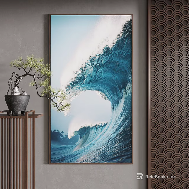 Large Wave Landscape Painting With Bonsai And Decor 3d model 