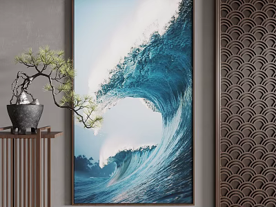 Large Wave Landscape Painting With Bonsai And Decor 3d model