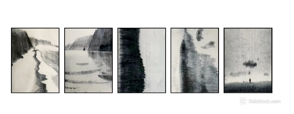 Abstract Painting Three Panel Black And White Minimalist Textured Brushstrokes Artwork 3d model 