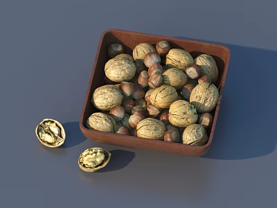 Fresh Mixed Nuts in Brown Wooden Box with Opened Walnuts on Gray Background 3d model