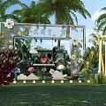 Fresh Outdoor Floral Display With Decorative Frame Green Plants Cloud Decorations And Palm Trees