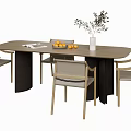 Modern Wooden Dining Table Set With Beige Chairs Vase With Plants Fruit Plate And Book