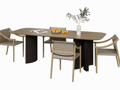 Modern Wooden Dining Table Set With Beige Chairs Vase With Plants Fruit Plate And Book 3d model