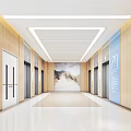 Modern Elevator Corridor On 1F With Wooden Walls And Art 3d model