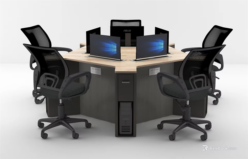 Hexagonal Office Desk With Black Ergonomic Chairs And Multiple Computer Monitors 3d model 