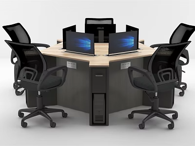 Hexagonal Office Desk With Black Ergonomic Chairs And Multiple Computer Monitors 3d model
