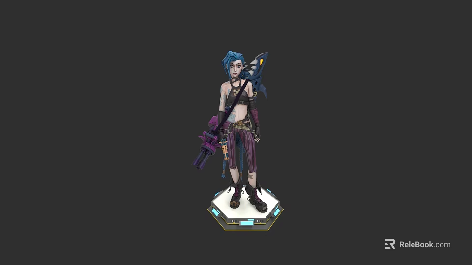 Game Movie Character With Blue Hair Holding Weapon In Decorative Outfit On Hexagonal Base 3d model 