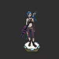 Game Movie Character With Blue Hair Holding Weapon In Decorative Outfit On Hexagonal Base