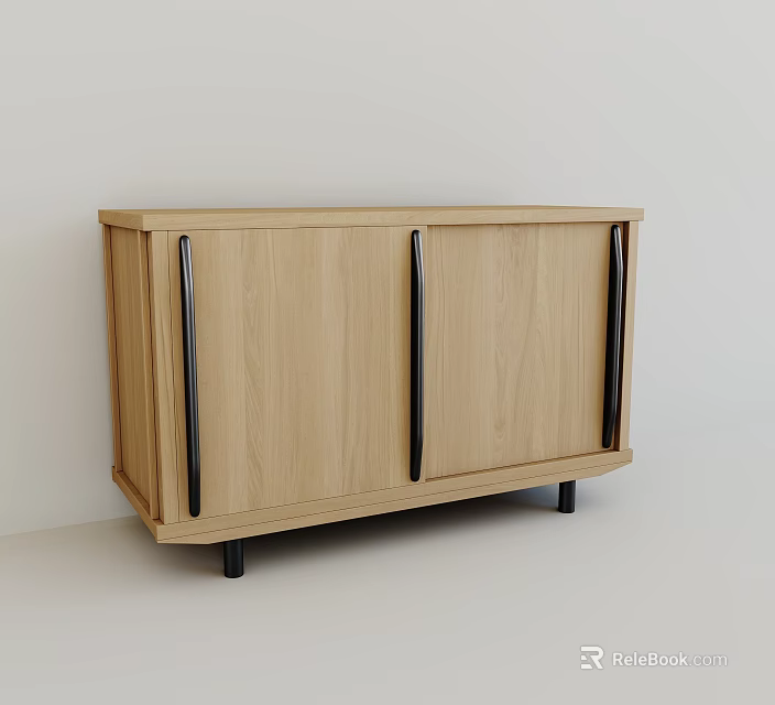 Modern Light Wooden Dresser with Two Doors Black Handles and Black Legs 3d model 