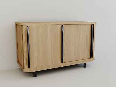 Modern Light Wooden Dresser with Two Doors Black Handles and Black Legs 3d model