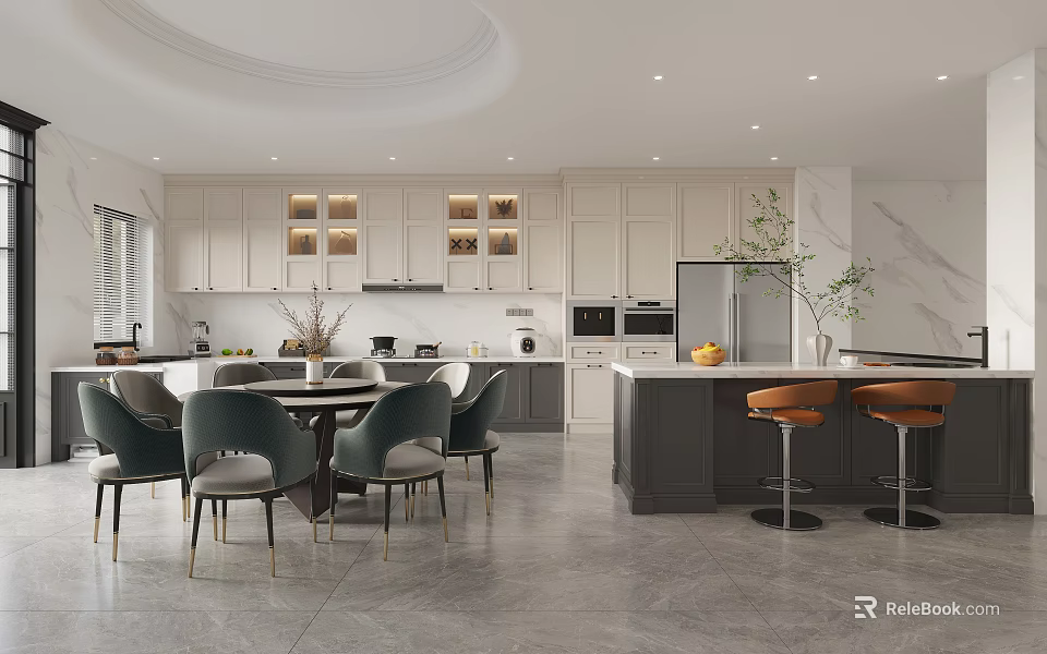 Modern Kitchen Interior With White Cabinets Dining Table Chairs Island Counter And Appliances 3d model 