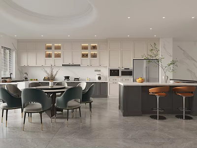 Modern Kitchen Interior With White Cabinets Dining Table Chairs Island Counter And Appliances 3d model