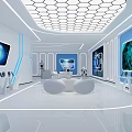 Modern Tech Exhibition Hall Interior With Hexagonal Grid Ceiling And Large Digital Screens