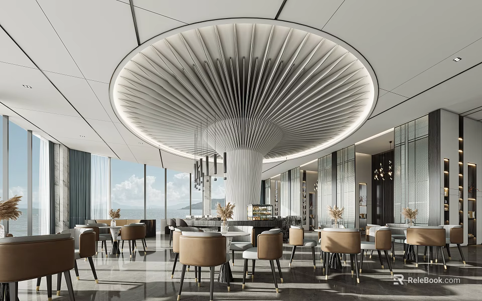 Modern Sales Office Interior With Circular Ceiling Feature Large Windows Scenic View And Lounge Seating 3d model 