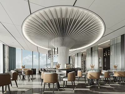Modern Sales Office Interior With Circular Ceiling Feature Large Windows Scenic View And Lounge Seating 3d model