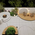 Courtyard Garden With White Tiled Flooring Wooden Deck Wicker Chairs Potted Plants And Ambient Lighting