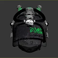 Mechanical Sci Fi Helmet With Metallic Body Green Tubes And Glowing Stripe