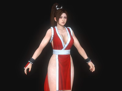 Stylish Woman In Red Kimono Style Dress With High Ponytail Red Nails And White Sash 3d model