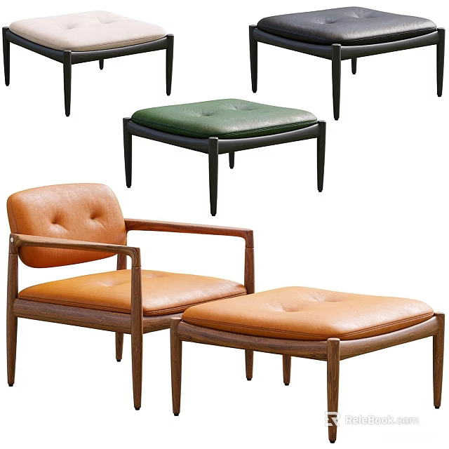 Comfortable Brown Leather Accent Chair With Wooden Frame And Ottoman 3d model 
