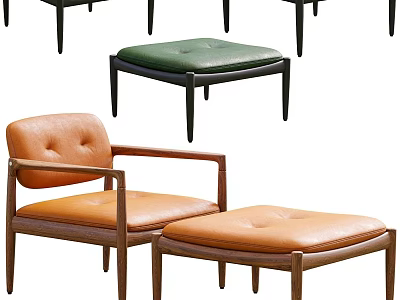 Comfortable Brown Leather Accent Chair With Wooden Frame And Ottoman 3d model