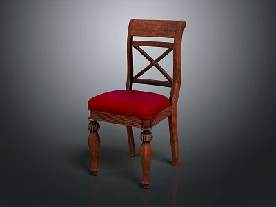 Classic Wooden Leisure Chair With Red Cushion Cross Back And Decorative Legs 3d model