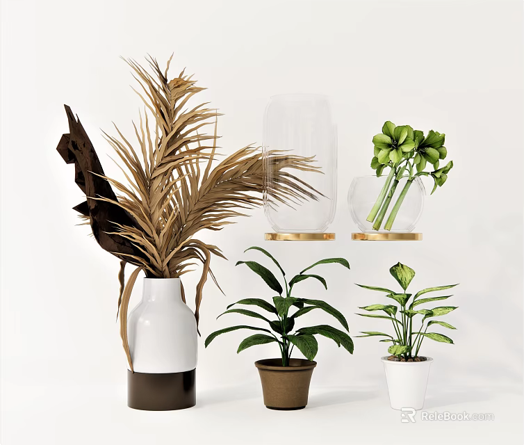 Elegant Vase And Flower Arrangement With White Brown Glass Vases And Green Plants 3d model 