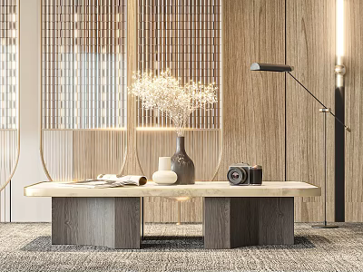 Modern Coffee Table With Marble Top Vase Dried Flowers Vintage Camera And Wooden Wall 3d model